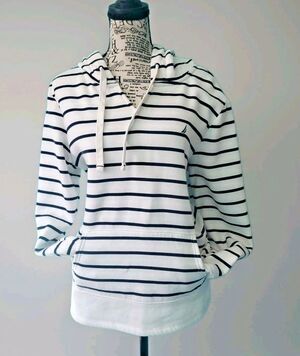 Nautica Women's V-Neck Hoodie M Medium White Navy Blue Striped Fleece Pullover